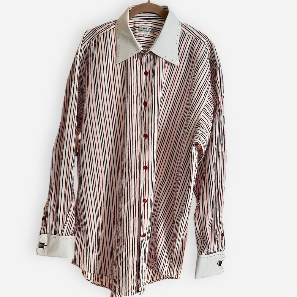 Vintage Angelino Men's Button Down Shirt 18 French‎ Cuff White Red Black Stripe